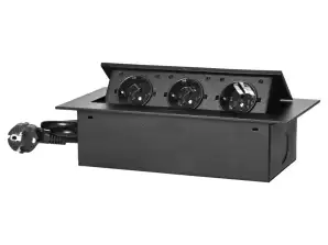 Furniture socket recessed into the top with a flat edge. 3 x 2P sockets with Schuko and 1.5m 3x1.5mm cable? . Black