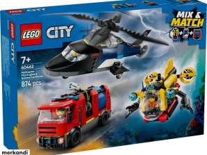 Set LEGO City 60462 cu elicopter, camion de pompieri și submersibil