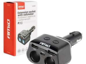 Jakaja tupakansytyttimen pistorasian jakaja 2x USB 1x USB C 12V 24V volttimittari Amio 04173