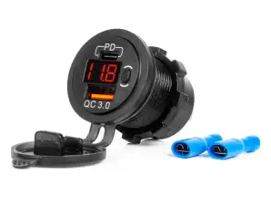 Biloplader med usb-stik og spændingstester vandtæt med usb c-switch QC3.0 12/24V amio 04222