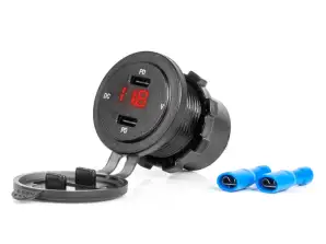 Biloplader med usb-stik og spændingstester vandtæt 2x usb c 12v 24v amio 04225