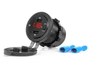 Biloplader med usb-stik og spændingstester vandtæt med afbryder 2x usb c 12v 24v amio 04226