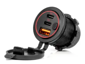 Biloplader med usb-stik vandtæt med usb-switch 2x usb c qc3.0 12v 24v amio 04227