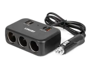 Tupakansytyttimen pistorasian jakaja laturilla 1x usb a 1x usb c qc4.0 12v 24v 120w 80cm amio 04365
