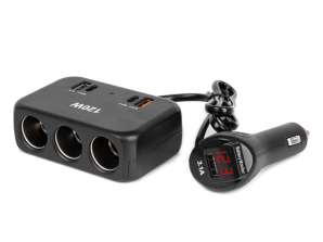 Tupakansytyttimen pistorasian jakaja laturilla 2x usb a 1x usb c qc4.0 12v 24v 120w 80cm amio 04366