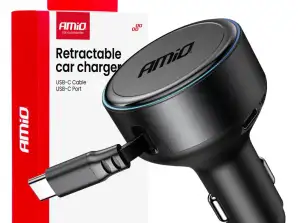 Chargeur de voiture avec câble rétractable type C USB C 12 V 24 V 60 W Amio 04368