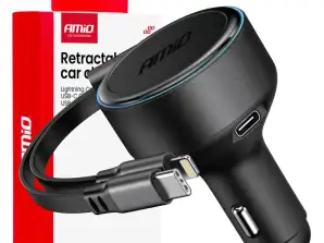 Chargeur de voiture avec câble rétractable Type C Lightning iPhone USB C 12v 24v 60w amio 04370