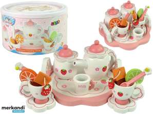 Houten theeset met roze bloemen en kan
