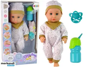 Muñeca bebé con sonido de pis, chupete, biberón, pijama blanco