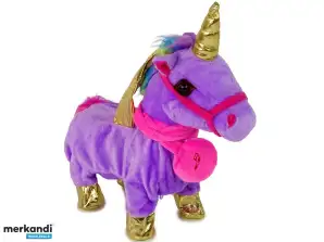 Mascotte interattiva unicorno cavallo con ali dorate viola