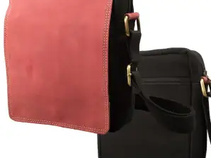 Crossbody Überschlag Tasche – Canvas mit Büffel Hunter Leder - schwarz/rot