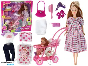 Set Lucy Schwangere Puppe Säugling Kinderwagen Lange Braune Haare