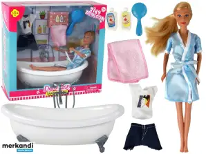 Bambola per bambini con lunghi capelli biondi, accappatoio blu, vasca, bagno