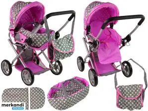 Puppenwagen Kinderwagen 2 in 1 Tasche Grau Rosa Sterne
