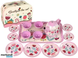 Juego de té y café en caja con platos y patrones en rosa