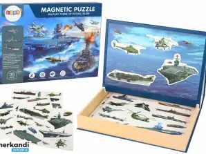 Una serie di puzzle magnetici educativi con il motivo di una nave militare