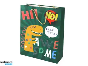 Sac cadeau en papier Dinosaure vert 41,5 cm x 30 cm x 12 cm