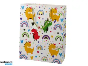 Sac cadeau dinosaures colorés arc-en-ciel 32 cm x 26 cm x 10 cm
