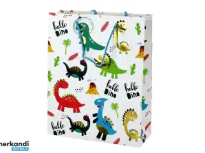 Sac cadeau en papier Dinosaures à carreaux blancs 32 cm x 26 cm x 10 cm