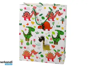 Papiergeschenktüte Bunte Dinosaurier Palmen 32 cm x 26 cm x 10 cm