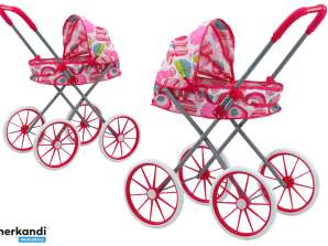 Puppenwagen mit großen Rädern, zusammenklappbar, rosa mit Mustern