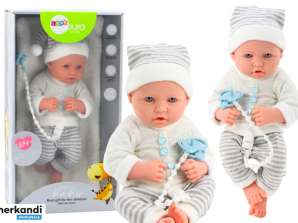 Bambola Bebè in Vestito Strisce Bianco e Grigio, Cappello, Ciuccio, Coperta