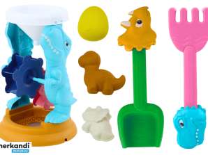 Sandspielzeug-Set - Mühle, Schaufel, Rechen, Dino-Förmchen