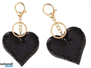 Portachiavi a Forma di Cuore con Paillettes Doppia Faccia - Argento Nero