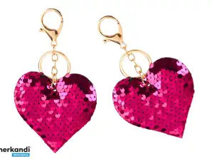 Portachiavi a Forma di Cuore Paillettes Doppia Faccia Argento Rosa Scuro