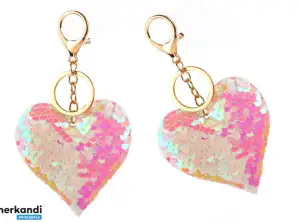 Portachiavi a Forma di Cuore con Paillettes Doppie - Bianco Rosa Chiaro