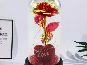 Ewige Rose unter Glaskuppel mit LED-Beleuchtung Herz und Perlen Rot 21x11cm
