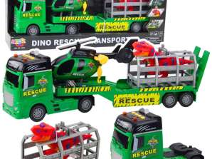 Rettungsset: Lastwagen, Hubschrauber, Auto, Dinosaurier, Lichter und Geräusche