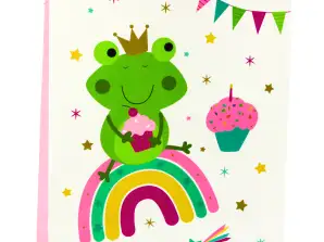Frosch Geschenktüte mit Krone Regenbogen Weiß und Rosa 32x26x10cm