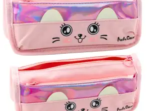 Skole pennal med katt to lommer rosa 21,5cm