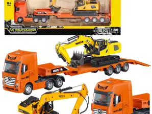 Vrachtwagen met trailer, metalen Huina graafmachine, oranje 1:50