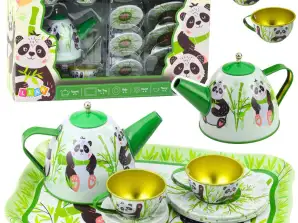 Teáskészlet fém kancsó csésze tányérok Panda Green 14el