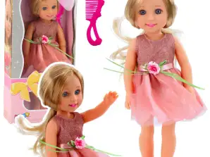 Puppe im Kleid mit Schleife Lange Haare Rosa Kamm 38cm