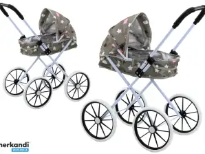Poppenwagen Grote Wielen Opvouwbaar Sterren Wolken Grijs 60cm