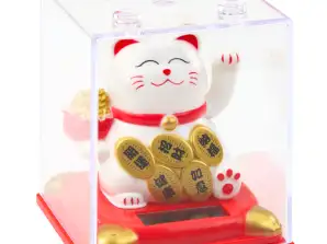 Kinesisk lycklig katt i utställningsfodral Solar Figurine Ornament Vit