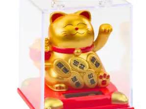 Kinesisk lycklig katt i utställningsfodral Solar statyett prydnad guld