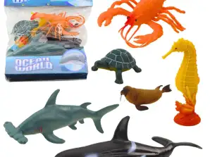 Sett med marine dyrefigurer hai hammerhode spekkhoggerhval hummer skilpadde 6 stk