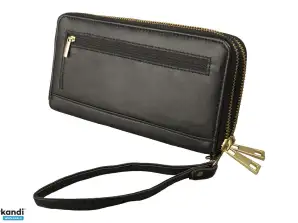 Große Damenbörse - 2 Reißverschlüsse rundum - Lamm Nappa Leder schwarz/blau
