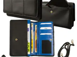 Große Damenbörse/Umhängetasche - Smartphonefach außen - Lamm Nappa Leder schwarz/blau