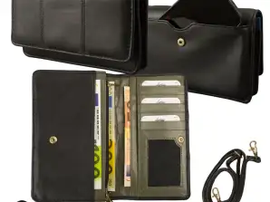 Große Damenbörse/Umhängetasche - Smartphonefach außen - Lamm Nappa Leder schwarz/olive