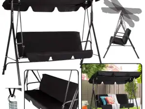 Three-person Garden Swing Rocking Pillows Mattress Black