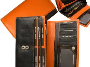 RFID Protection - Große Damenbörse mit 13 Kartenfächern - Rind Nappa Leder schwarz/orange