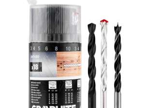 Set de burghie pentru metal, lemn, cărămidă: 3, 4, 5, 6, 8, 10 mm, 18 buc.