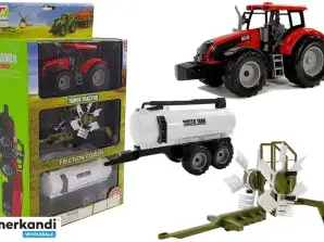 Tracteur avec remorque. Râteau et tonneau rouge