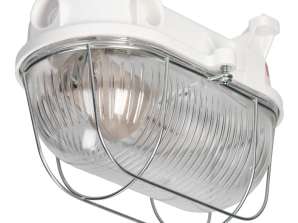 OVAL 7063NB. Belysningsarmatur. 75W. E27. IP54. IK10. Gjennomsiktig polykarbonatskjerm. Bakelittbase. Metallgitter. Hvit