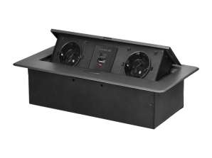 Eingelassenes Möbelsteckdose mit flachem gefrästem Rand und USB-Ladegerät. 2x2P Z Schuko. 2xUSB Typ A C; 3,6A. Graphit